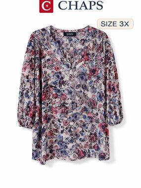 Chaps Floral V-Neck Tunic Top - Pink, Blue, Cream